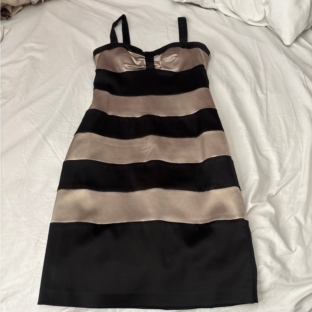 Cache Black and Tan Striped Mini Dress